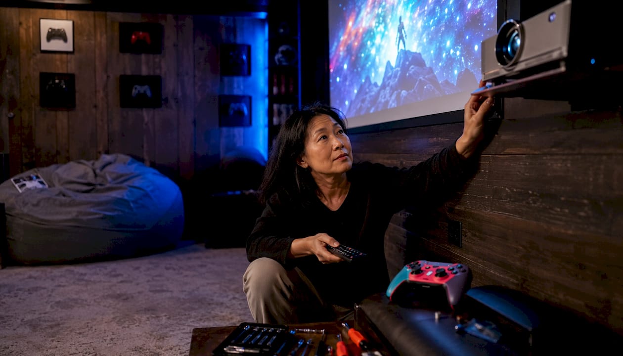 Woman calibrating projector in gaming room