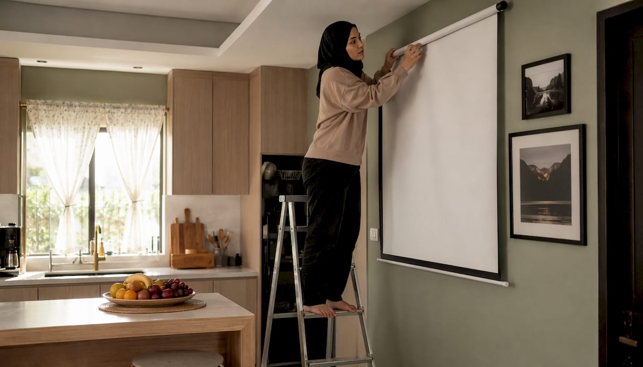 Woman installing projector screen in HDB living room