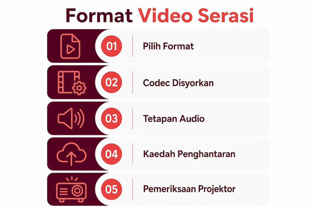 Infografik langkah demi langkah memilih format video yang sesuai untuk projektor di Malaysia