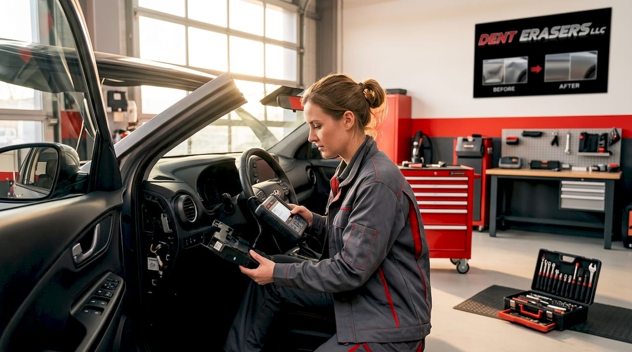 What Is Car Dent Assessment? Your Complete Guide 2 Technician Using Diagnostic Scanner In Workshop