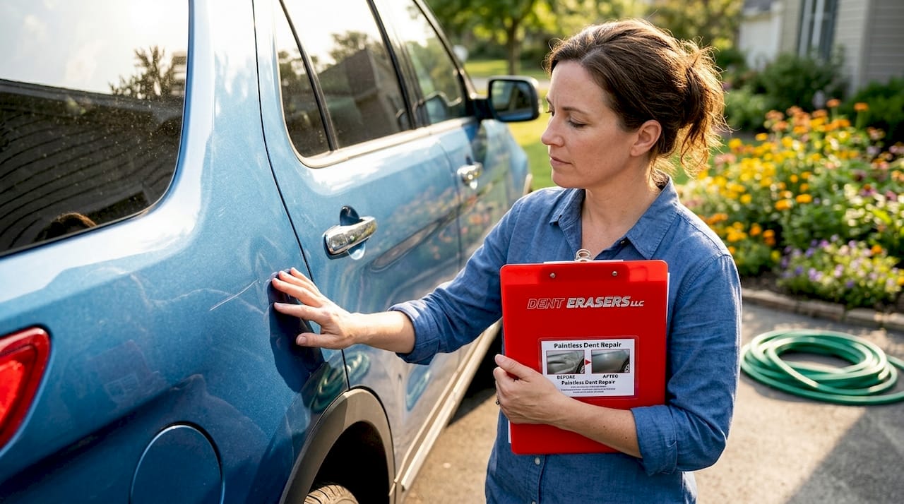 How to Assess Auto Body Damage Like a Pro 2 Woman Inspecting Dent And Minor Scratch On Suv