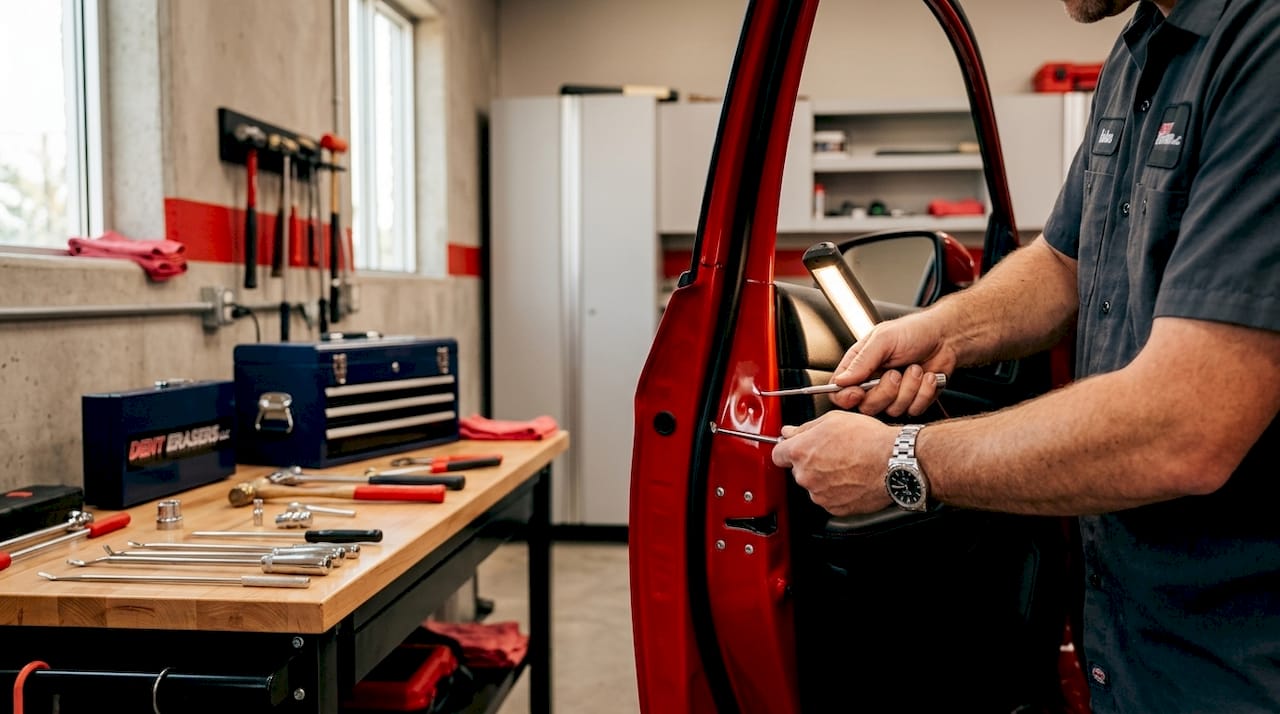 Lease Return Dent Repair: What Every Driver Should Know 1 Hands Performing Paintless Dent Repair On Car