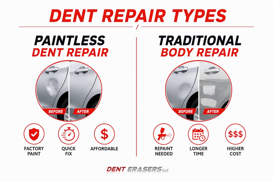 Lease Return Dent Repair: What Every Driver Should Know 2 Infographic Comparing Paintless Dent Repair And Traditional Repair