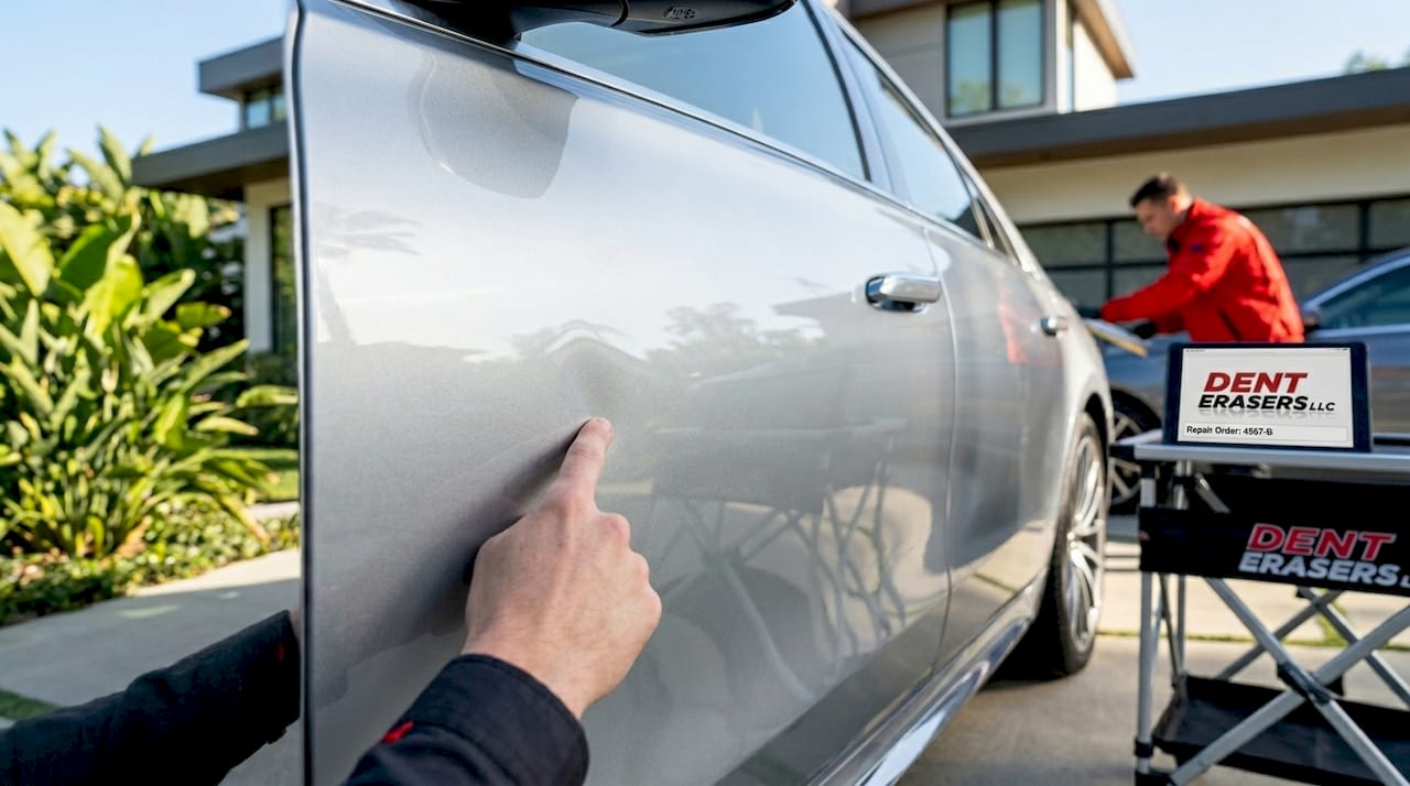 Hotel Parking Dent Repair Service: What You Need to Know 1 Close-Up Shallow Dent On Car Door Panel