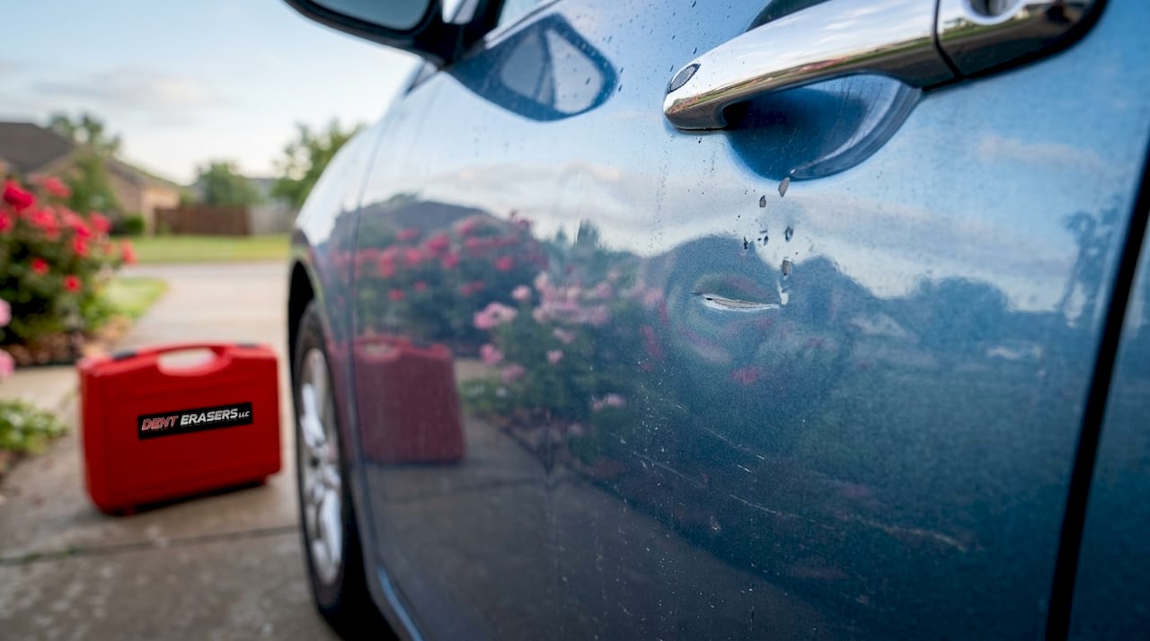 Examples of Collision Damage: Types, Costs, and Repairs 1 Close-Up Of Cosmetic Vehicle Door Dents And Scratches