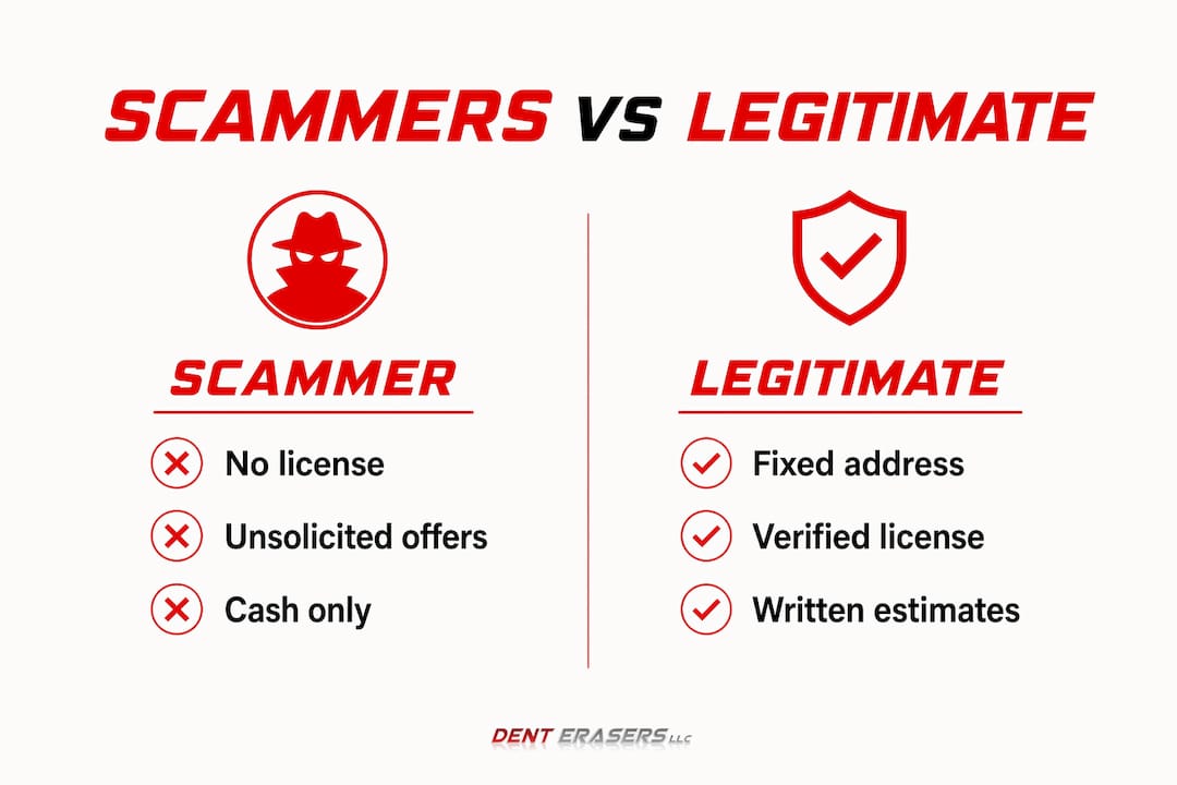 How to Avoid Dent Repair Scams and Protect Your Car 13 Infographic comparing dent repair scammers and legitimate providers