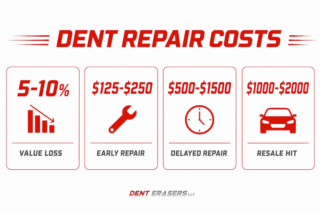 Why Fix Small Dents Early: Protect Value and Safety 2 Infographic Showing Dent Repair Costs And Value Loss Statistics