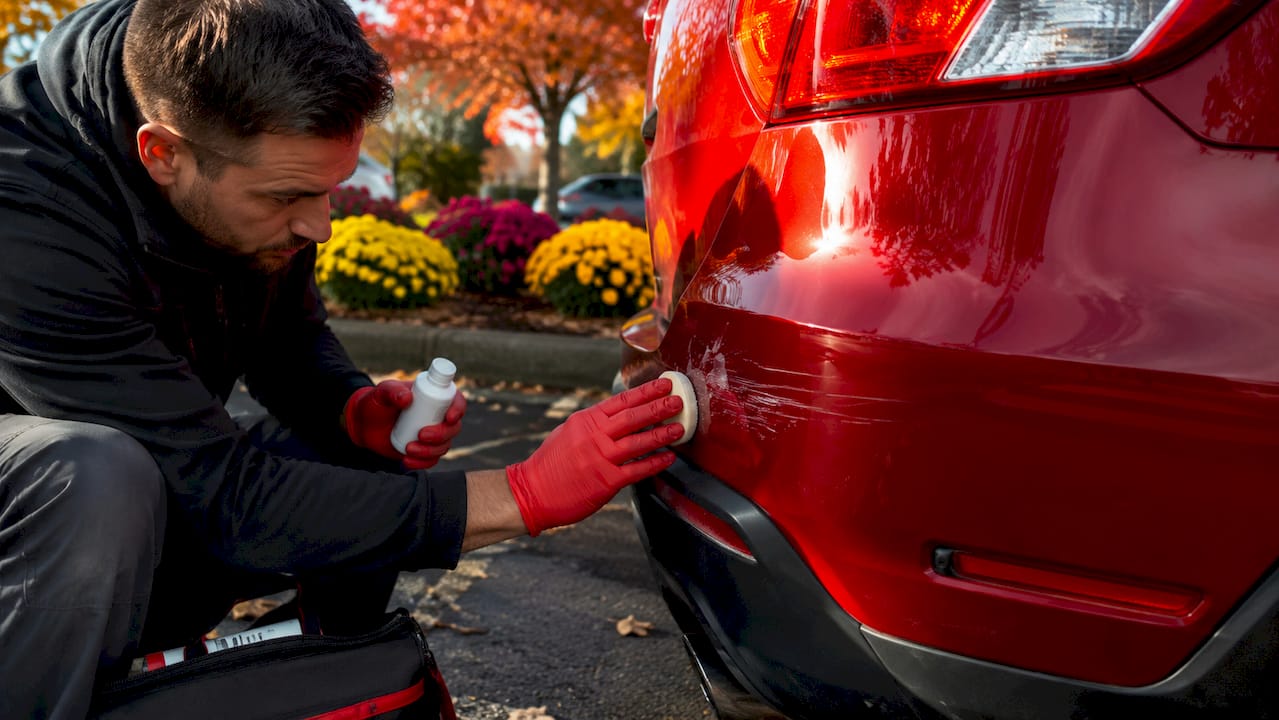 Types of Bumper Damage: What Every Car Owner Should Know 1 Hands Applying Scratch Remover On Black Car Bumper