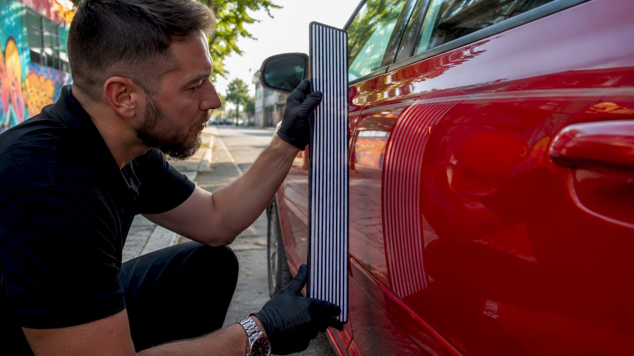 The Role of Quality in Dent Removal: A Car Owner's Guide 1 Hands Positioning Line Board For Dent Inspection On Red Car