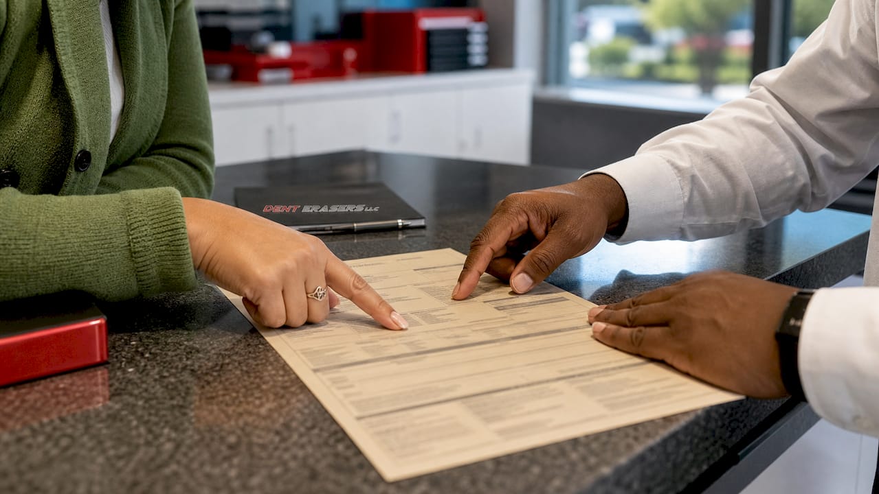 Auto Body Repair Terms Every Car Owner Should Know 1 Hands Reviewing Auto Repair Estimate Paper Invoice