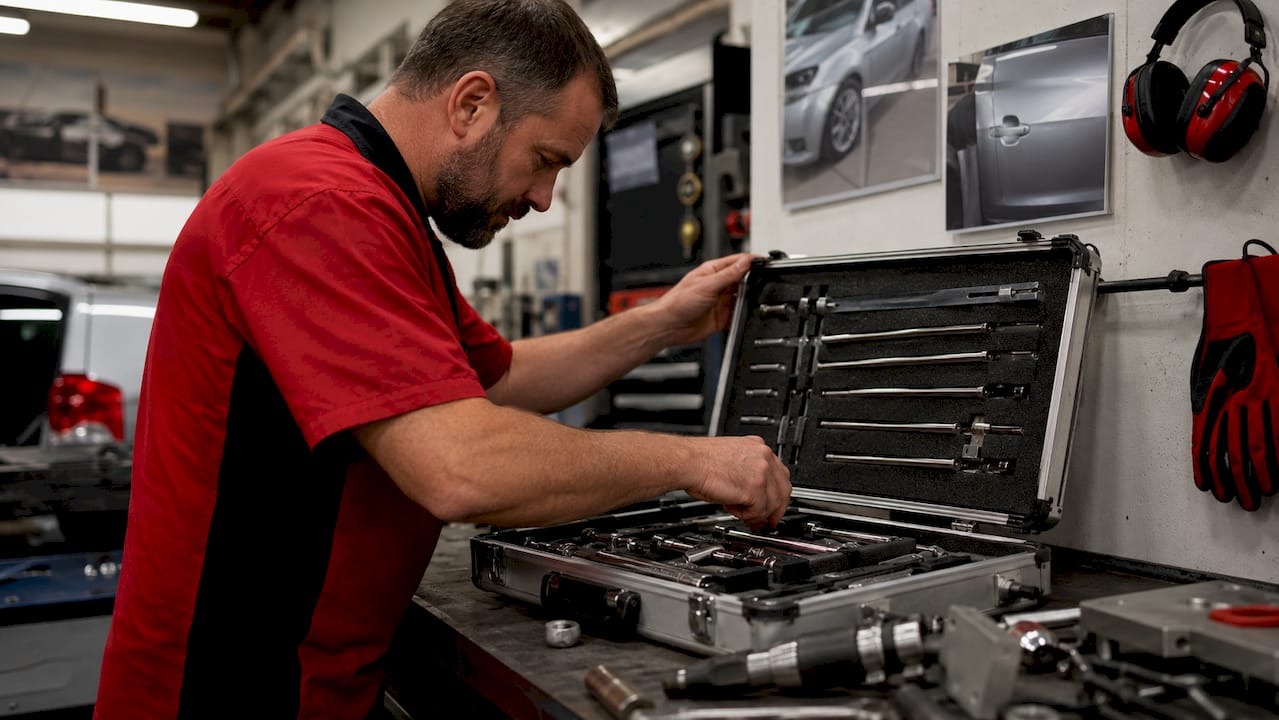 Dent Technician Selecting Aluminum Repair Tools