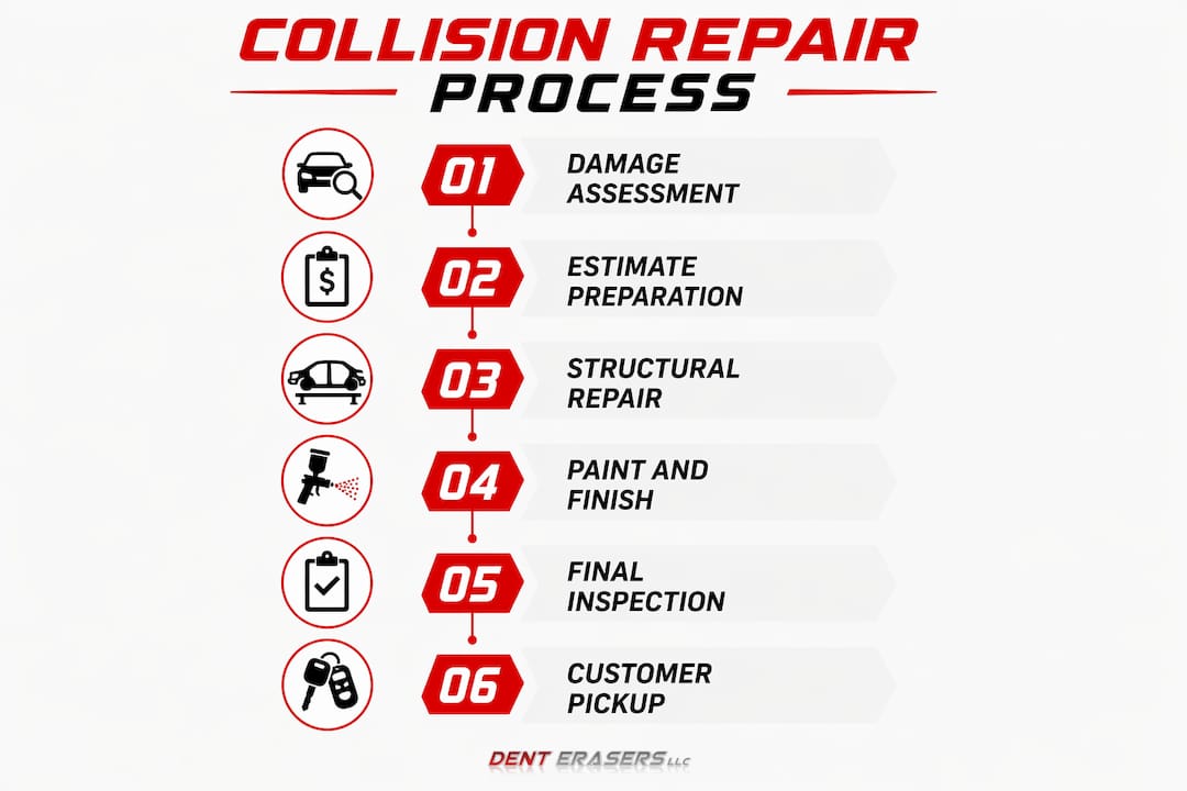 What Is Collision Repair? Costs, Process & Timeline 2 Infographic Illustrating Stages Of Collision Repair Process