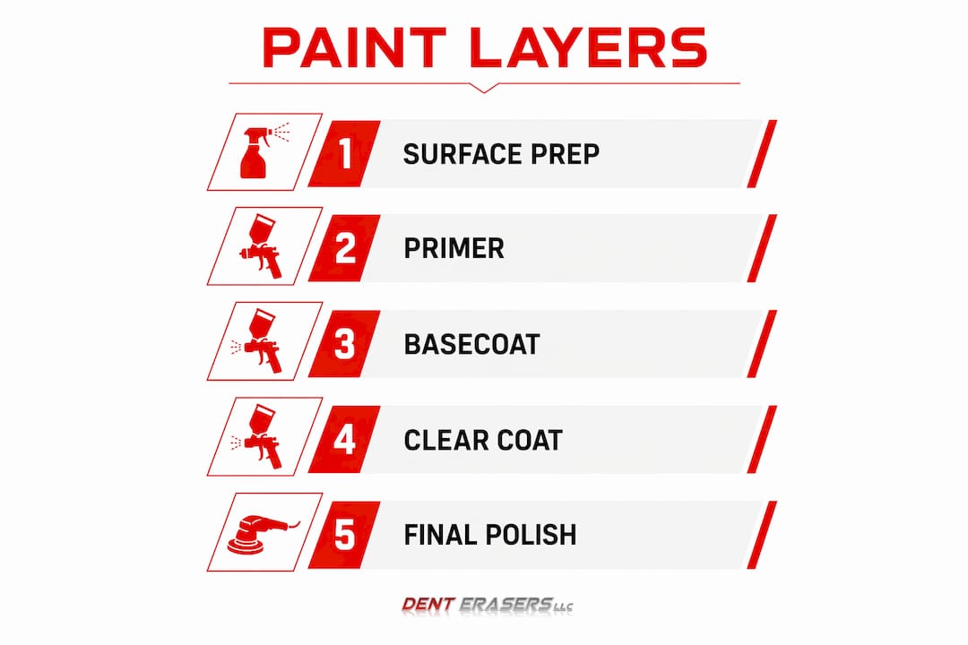 What Is Auto Body Refinishing? Your 2026 Guide 2 Infographic Showing Auto Body Paint Layers And Process