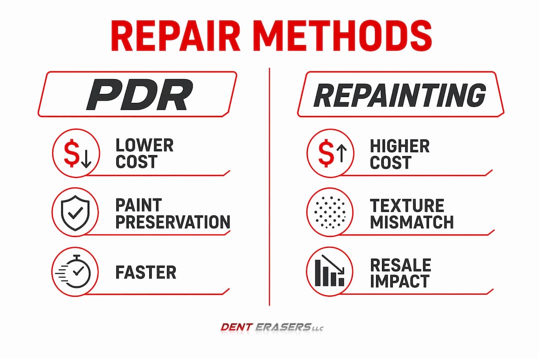 Why Avoid Repainting Dents: Protect Value and Finish 2 Infographic Comparing Pdr And Repainting