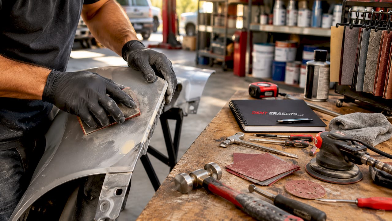 How to Prevent Paint Cracking Around Dents 1 Hands Sanding Car Dent Edge In Workshop