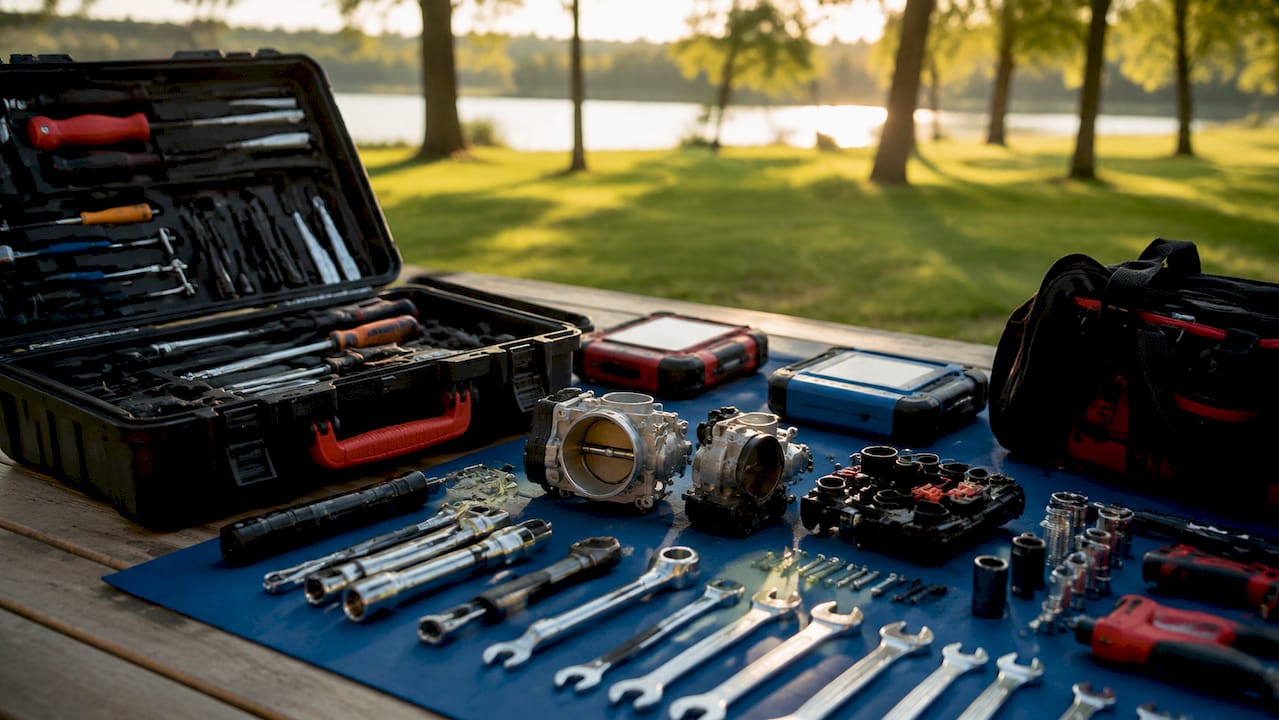What Is a Mobile Auto Technician? Your 2026 Guide 1 Mobile Auto Technician&Amp;Apos;S Tools And Parts Laid Out On Van Tailgate