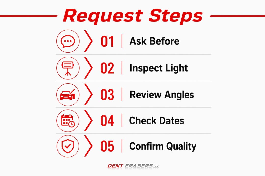 How to Request Dent Repair Before and After Photos 1 Infographic Illustrating Dent Repair Photo Request Steps