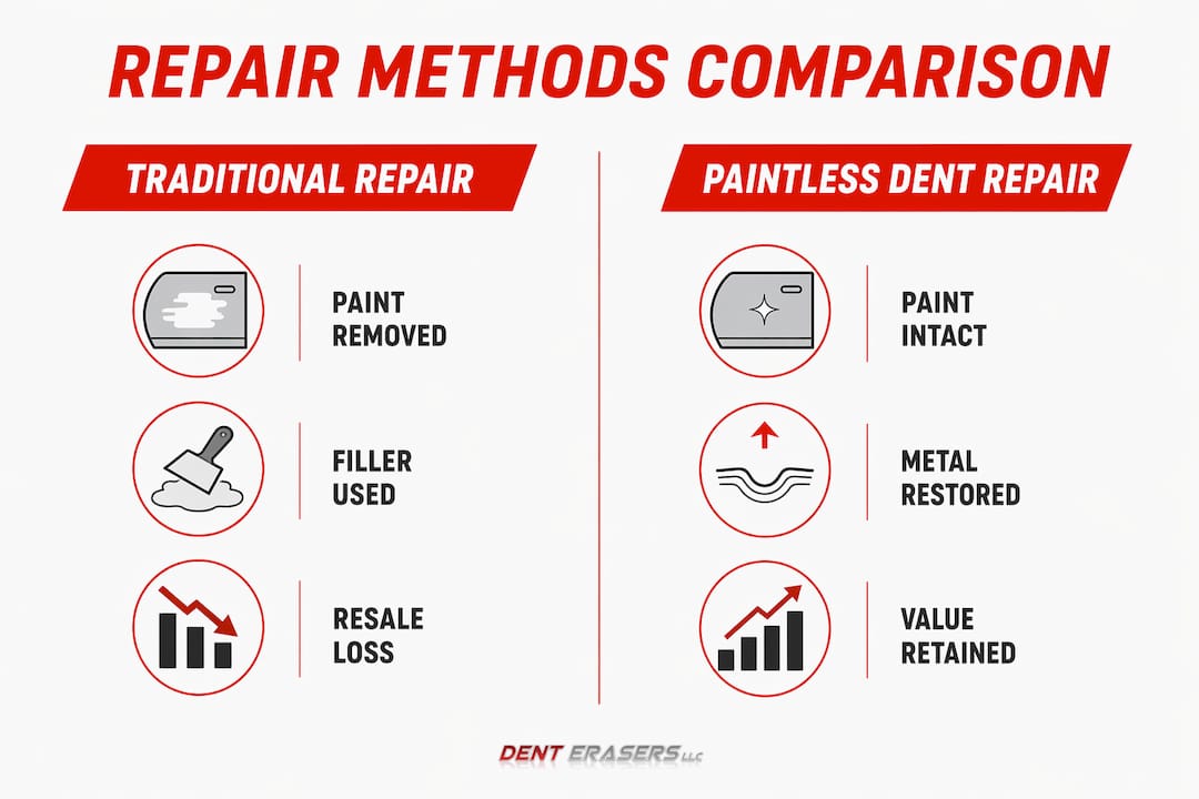 Why Avoid Traditional Body Shops for Dent Repair 2 Infographic Comparing Traditional And Paintless Dent Repair