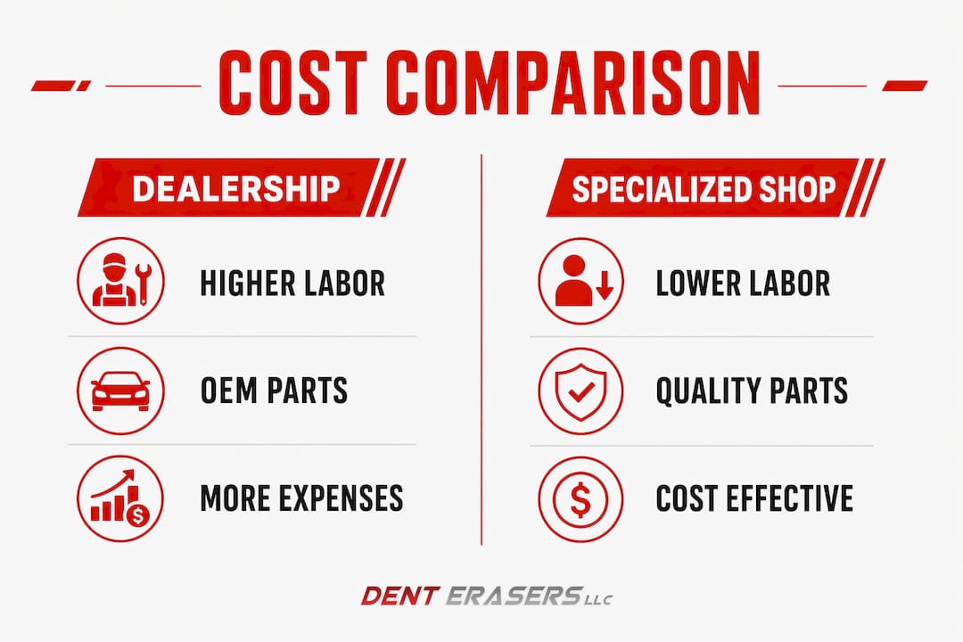 Why Choose Specialized Repair Shops for Your Car 1 Infographic Comparing Dealership And Specialized Shop Costs