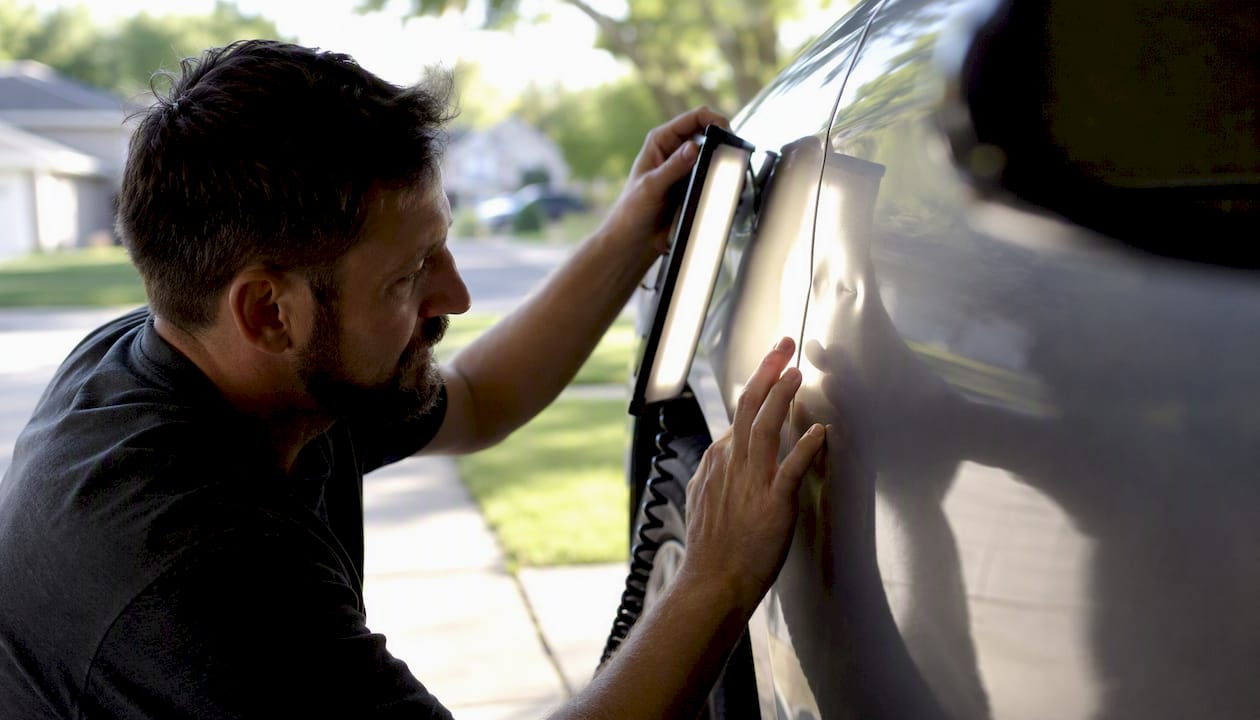 Surface Scratches vs. Dents: Know the Difference 2 Technician Checking Dent Shadow With Angled Light