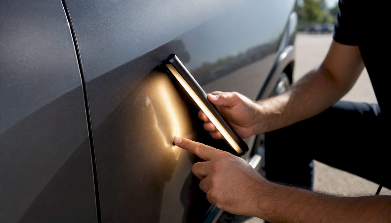 Minor Dent Damage Categories: A Quick Classification Guide 1 Hands Inspecting Crease Dent With Led Inspection Light