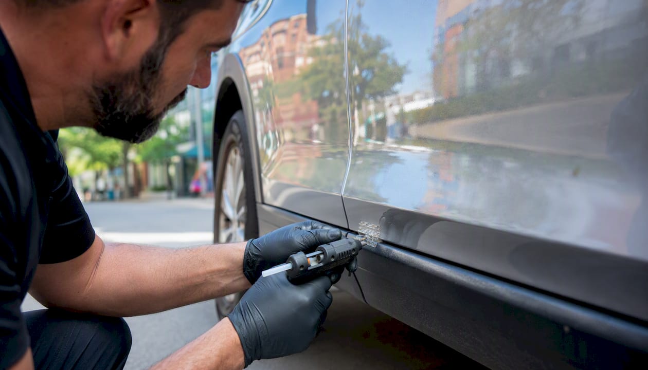 Rocker Panel Dent Repair Options for Car Owners 1 Hands Applying Glue Tab On Rocker Dent