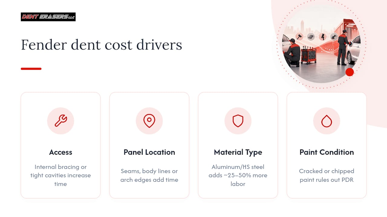 Pay or File? US Fender Dent Repair Costs From $75 to $3,000 1 Diagram Of Cost Factors Affecting Dent Repair Estimates