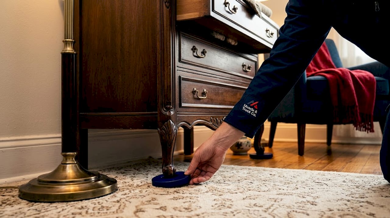 Hand placing slider under dresser leg