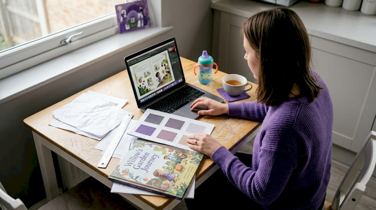 Woman checking storybook file at kitchen table