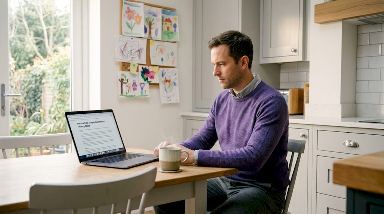 Parent reading website privacy policy on laptop