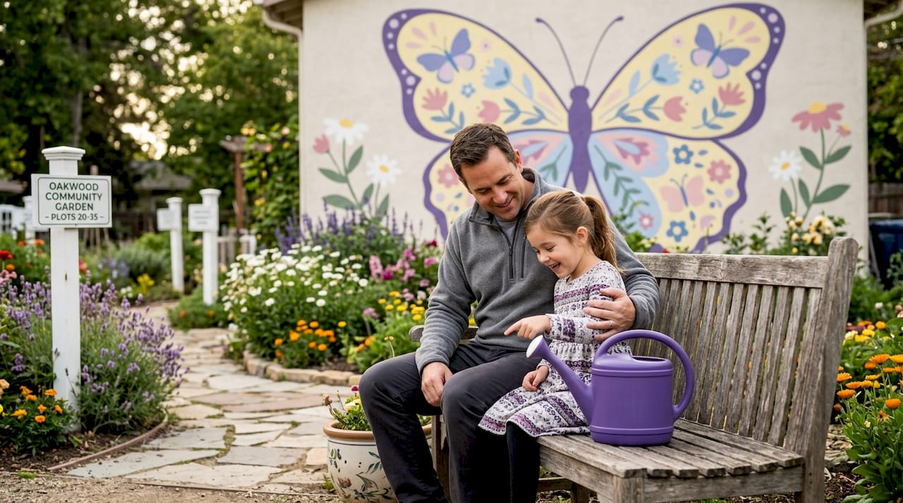 Father reading story to daughter at local park