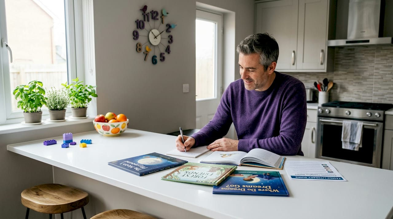 Parent reviews children’s books at kitchen table