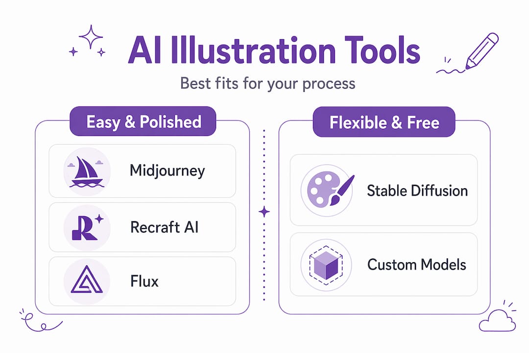 Infographic comparing AI illustration tools categories