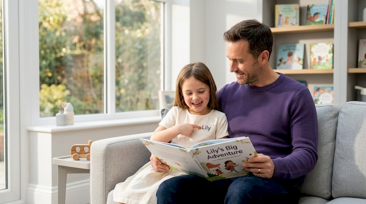Parent reading customized story with child