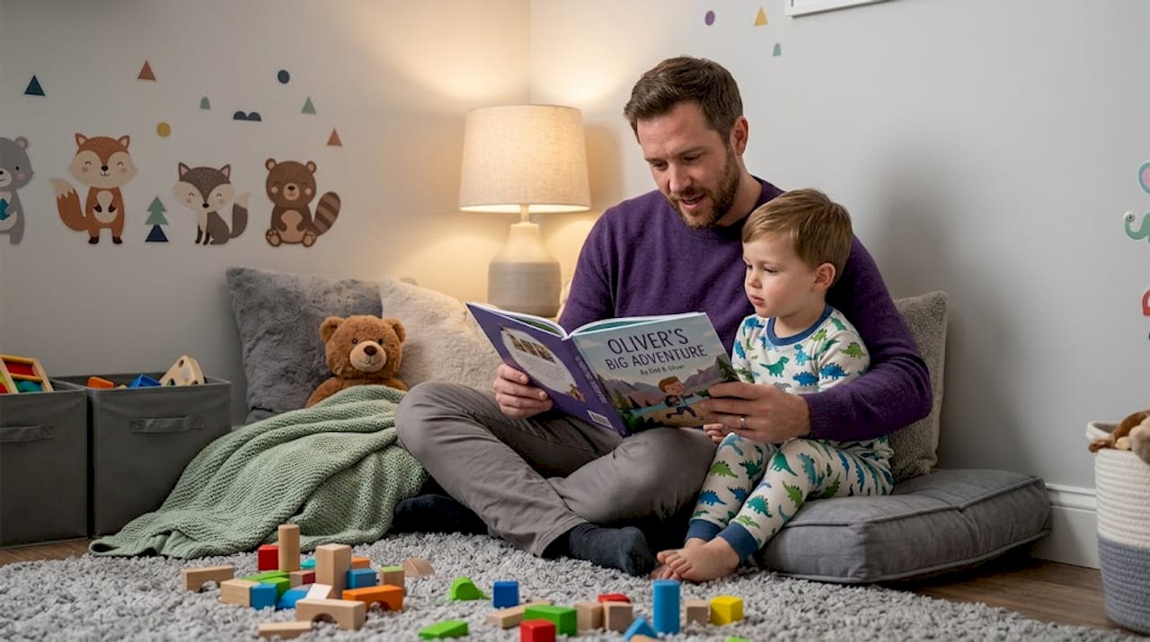 Father reads custom bedtime storybook to child