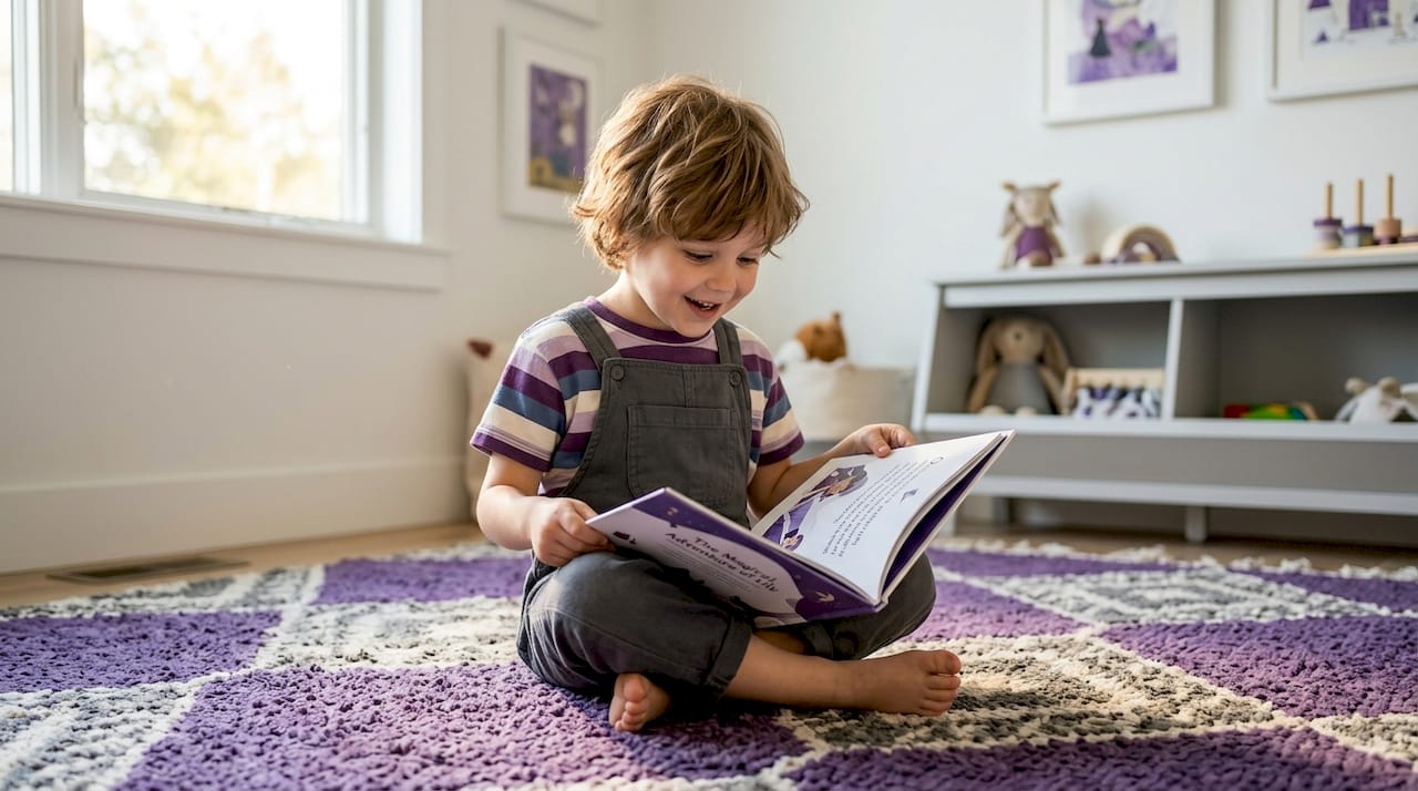 Child reading printed storybook with parent’s guidance