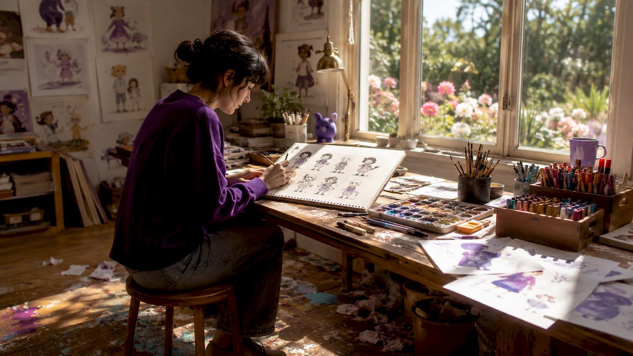 Illustrator’s workspace with character sketches