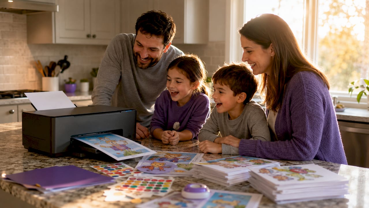 Inkjet printer printing colorful storybook pages