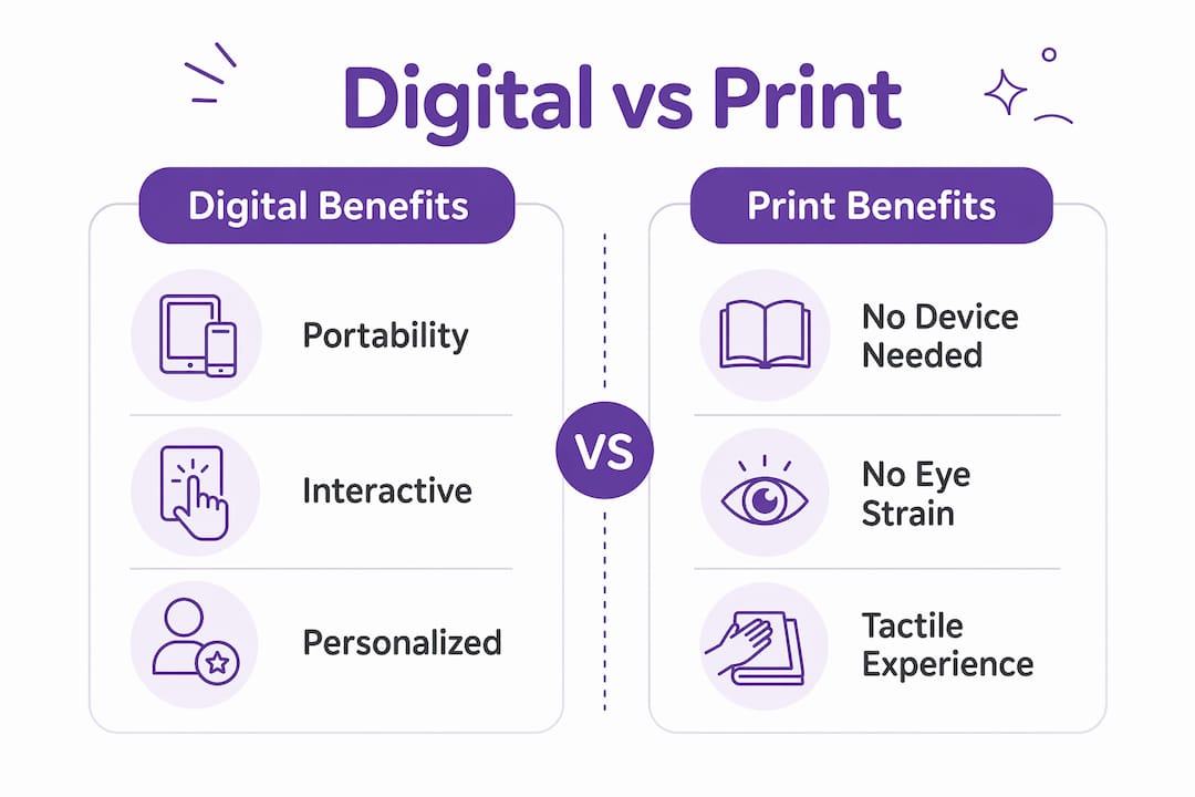 Infographic comparing digital and print picture book benefits