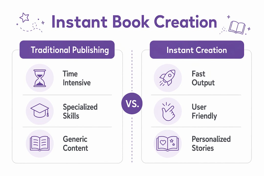 Infographic comparing instant book creation and traditional publishing