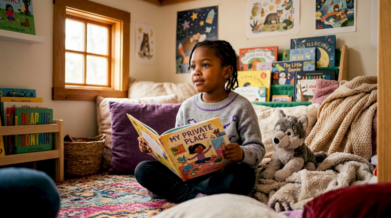 Young girl engaged with privacy storybook in classroom