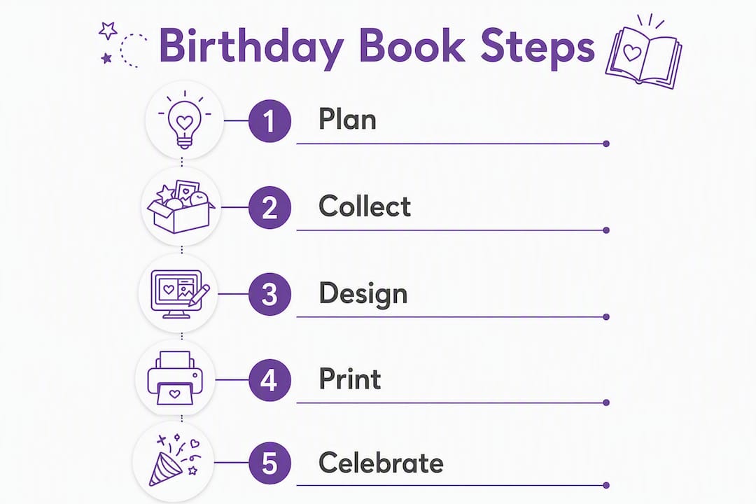 Infographic illustrating steps to create a birthday book