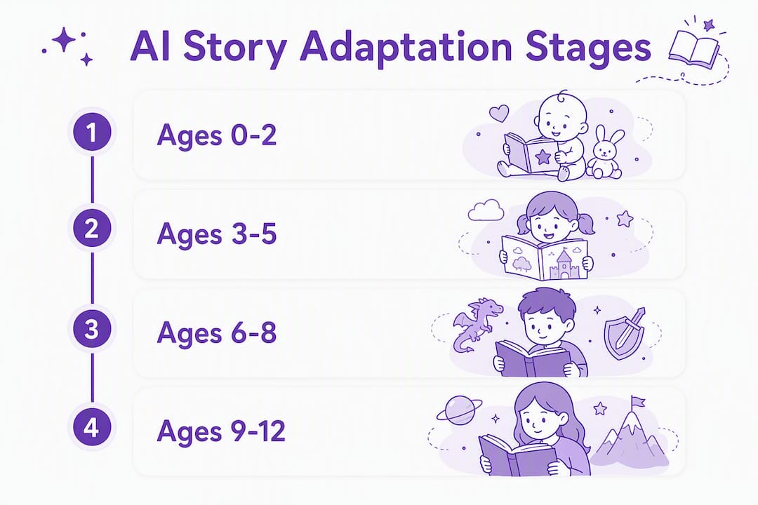 Infographic illustrating AI story adaptation by age band
