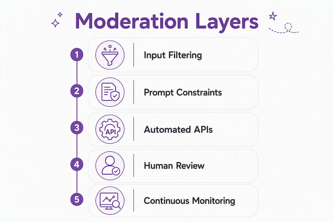Infographic showing five layers of AI content moderation