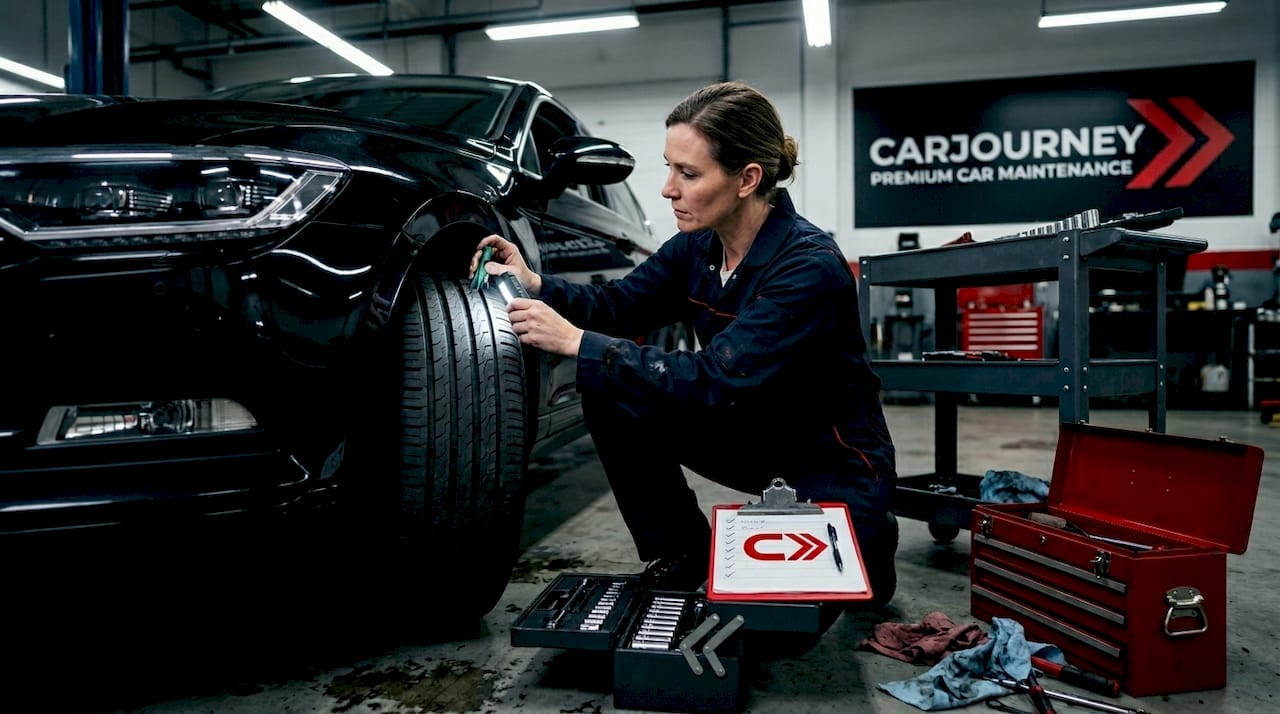 Mechanic inspecting tire tread in service shop