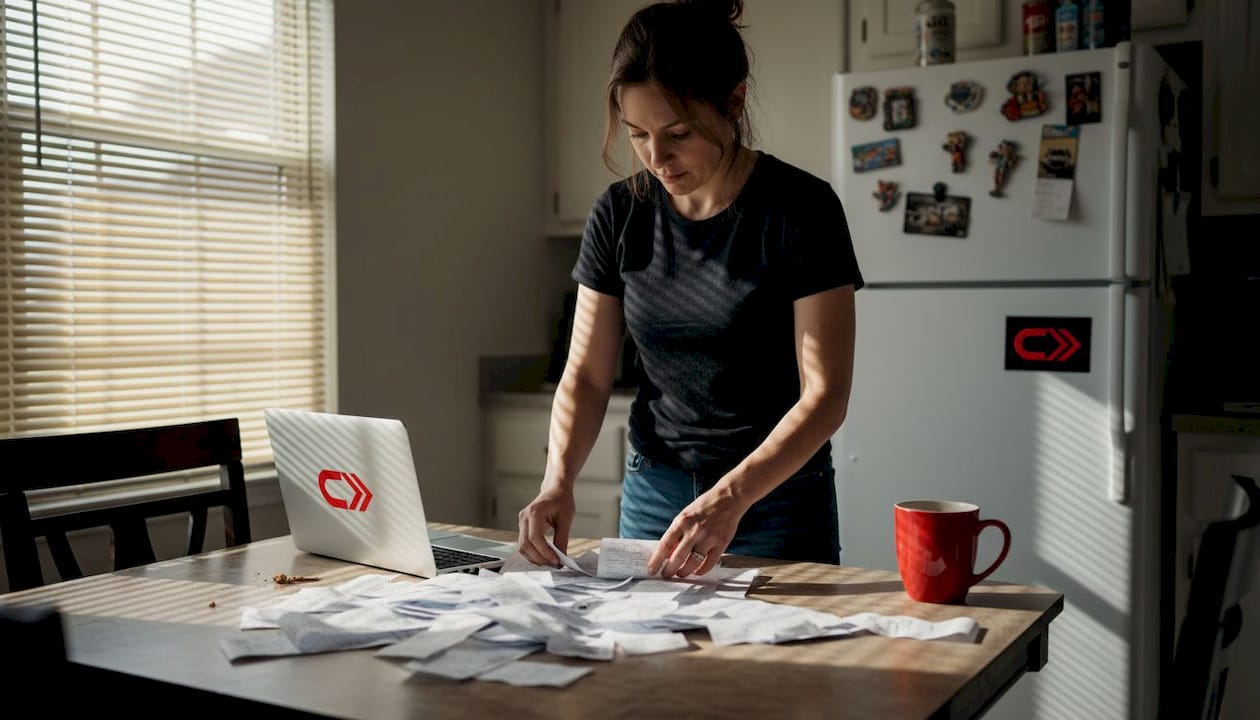 Woman sorting car maintenance records at home