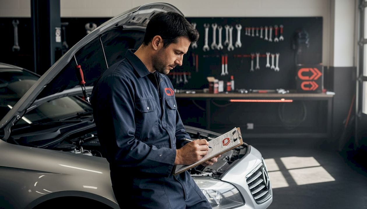 Auto mechanic recording service in garage