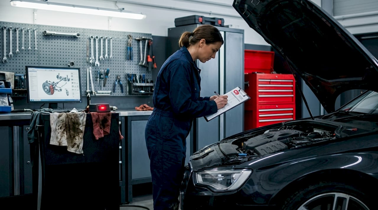Technician filling out vehicle inspection checklist