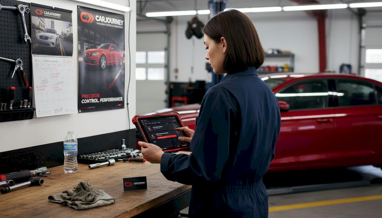 Mechanic reviews maintenance alerts on tablet