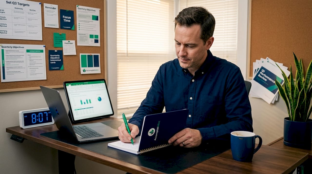 Man tracking goals and reflecting on work in home office
